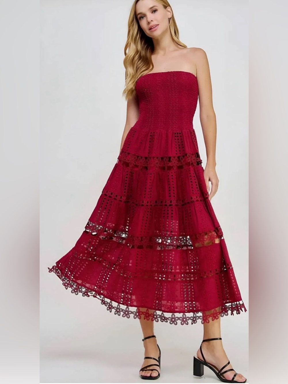 Strut & Bolt Lena Eyelet Strapless Midi Dress CHERRY BURGUNDY Size Small